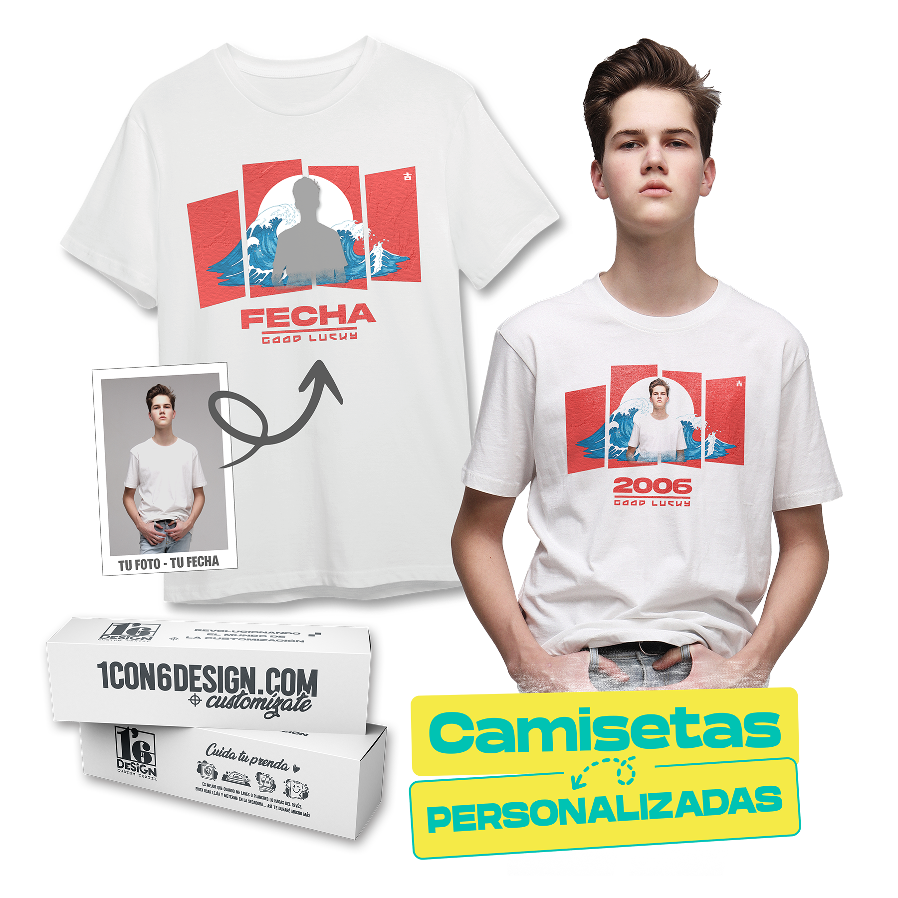 Hombre con camiseta con foto personalizada de 1con6Design, diseño exclusivo y packaging premium